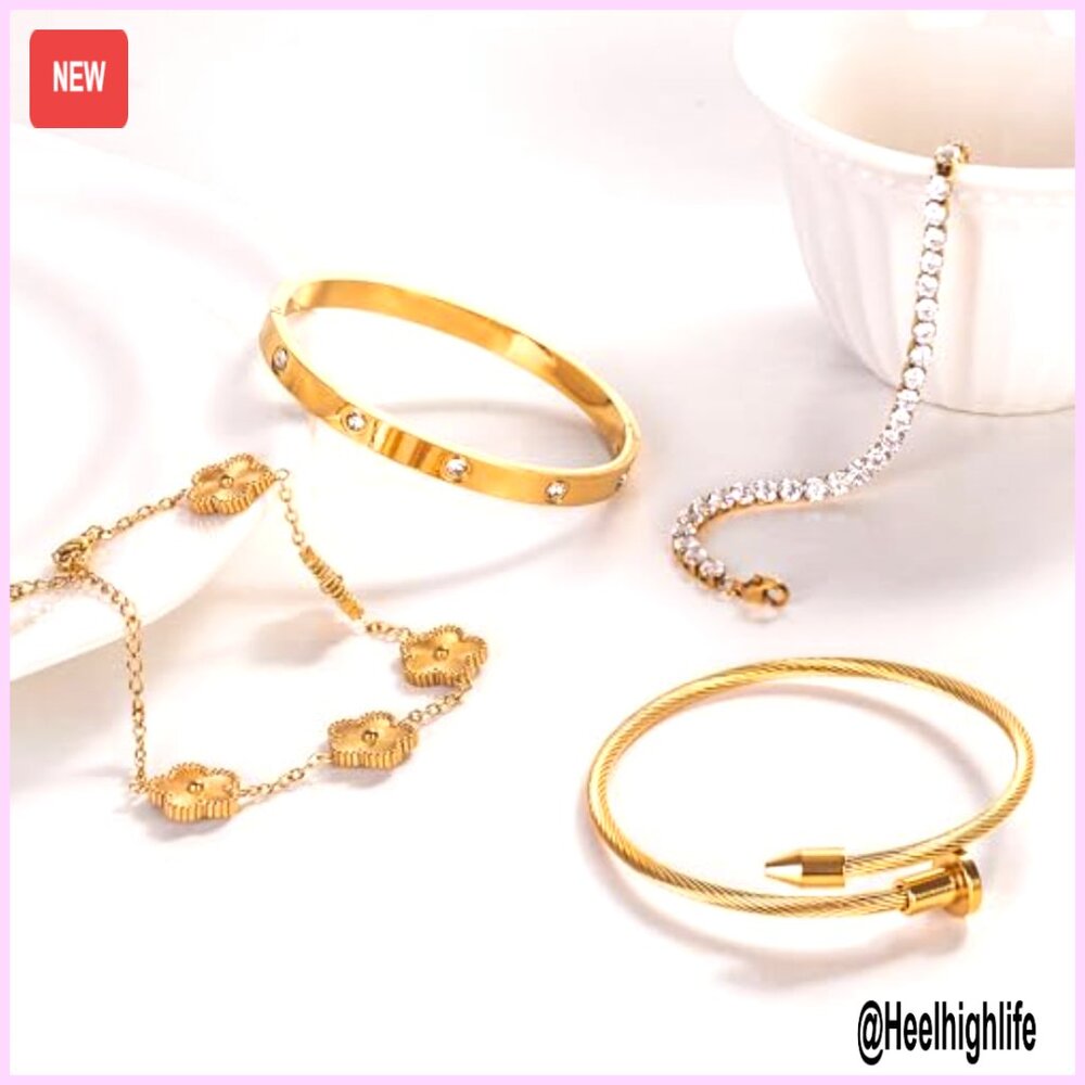 18k Gold Plated Stackable Bracelet Set, Adjustabl… - image 5